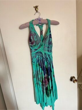 Women's whimsical Y2K Teal Floral Halter Dress size small